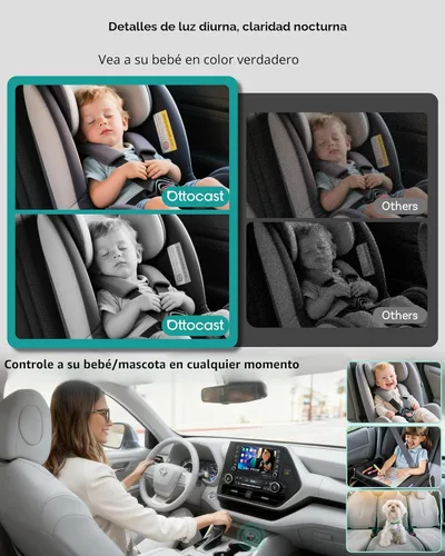 Vista 6 de OTTOCAST Cabin Care - Cámara de coche para bebé con adaptador inalámbrico CarPlay, monitor de bebé HD 1080P con visión nocturna IR, gran angular