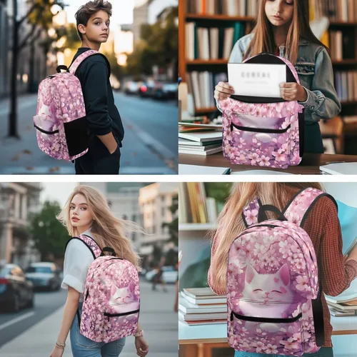 Vista 2 de Talayituse Paquete de 5 mochilas con estampado de flor de cerezo de gato, para niñas, mochila escolar informal con lonchera, estuche para lápices