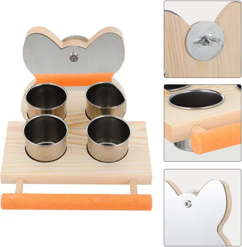 Vista 9 de Espejo de loro con cuenco de comida de agua, soporte de madera, accesorio de jaula para alimentación, periquitos