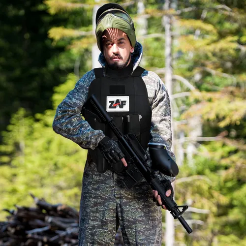 Vista 8 de Combo de 3 cápsulas acolchadas para paintball y protector de pecho Airsoft Protector de cuello con mono desechable de tamaño libre y bolsa de barril