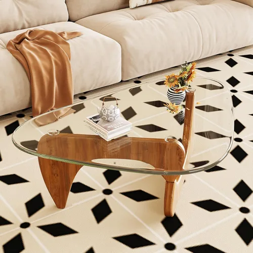 Vista 8 de Mesa de centro para sala de estar, mesa central moderna de mediados de siglo con tapa de vidrio y madera, transparente/nogal