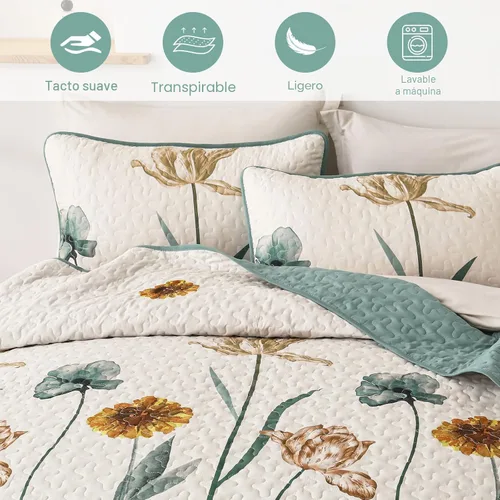 Vista 4 de WONGS BEDDING - Juego de edredón floral tamaño Queen, edredón botánico verde y amarillo con 2 fundas de almohada, juego de ropa de cama ligera