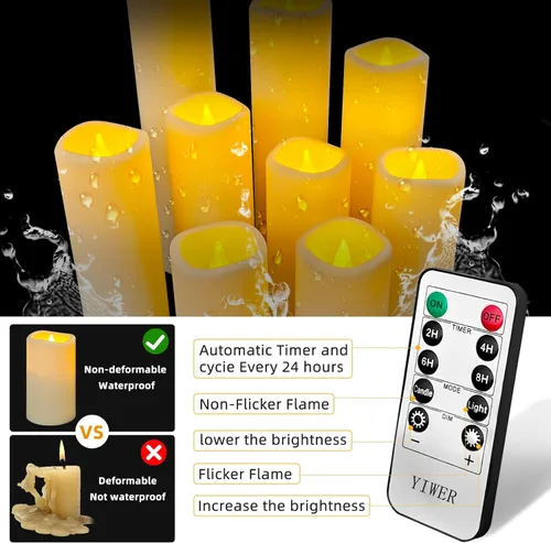 Vista 5 de YIWER Velas sin llama impermeables, juego de 9 velas LED de pilas para exterior con control remoto, velas falsas eléctricas, para Halloween