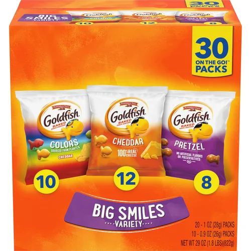Vista 18 de Goldfish Dynamic Duo Paquete de Variedad, Colors Cheddar y Flavor Blasted Xtra Cheddar, Paquetes de Aperitivos, 20 Ct