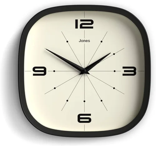 JONES CLOCKS® Pulsar - Reloj de pared | Reloj retro cuadrado redondeado | 10 pulgadas | Negro | Aspecto de diseñador genial para cocina, sala de