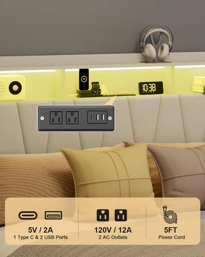 Vista 4 de Marco de Cama Queen, Cama de Plataforma LED Tapizada en Terciopelo con Almacenamiento en Cabecero, Cama Queen con Estación de Carga Integrada con 2
