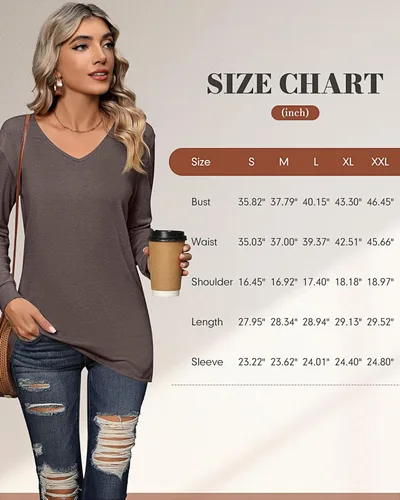 Vista 6 de Riyiper 2 camisetas de manga larga para mujer, cuello en V, lisas, casuales, holgadas, camisetas