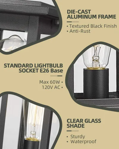 Vista 4 de Lámpara de poste para exteriores, HWH Lámpara de poste de pilar exterior en acabado negro mate con pantalla de vidrio transparente, 5HD37P BK