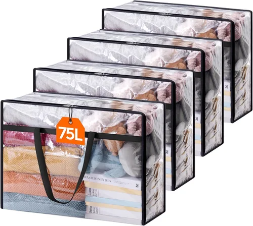 Vista 26 de Lifewit Paquete de 2 bolsas transparentes de almacenamiento de ropa, 75L almacenamiento grande de mantas de plástico, bolsas de mudanza plegables