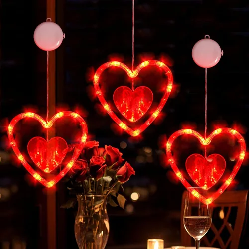 Vista 8 de 3 luces de ventana para el día de San Valentín, decoración de ventana con forma de corazón rojo, funciona con pilas, luces románticas colgantes