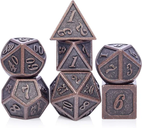 Vista 46 de DNDND - Dados de diseño antiguo, 7 dados de metal de latón con caja de metal para juegos de mesa como Dungeons and Dragons
