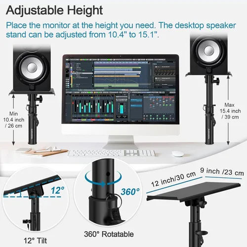 Vista 2 de Vondynote Soportes para monitor de estudio, par de soportes de altavoz con abrazadera de escritorio resistente con bandeja de ángulo de inclinación