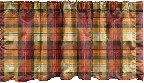 Vista 3 de Ambesonne Paquete de 2 cenefas de ventana de otoño, ambiente otoñal con patrón a cuadros, con estampado tipo manchas de reflexión, cenefas