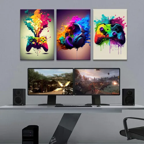 Vista 3 de Framed 3 Piece Game Room Decorative Wall Art Color Video Game Handle Earphone Graffiti Theme Poster Neon Light Poster Print Picture Children Youth