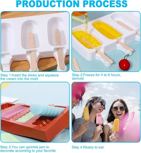 Vista 6 de 2 moldes para paletas, moldes de silicona grandes de 4 cavidades para tartas, moldes de helado para paletas de bricolaje con 100 palos de madera