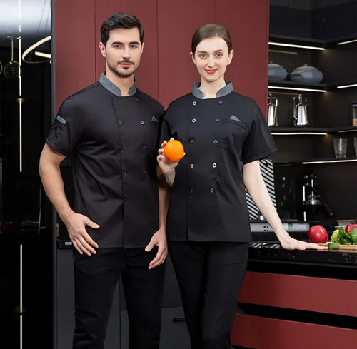 Vista 3 de Chaqueta de chef unisex de doble botonadura con espalda completa, ligera, con costuras de color, uniforme de chef