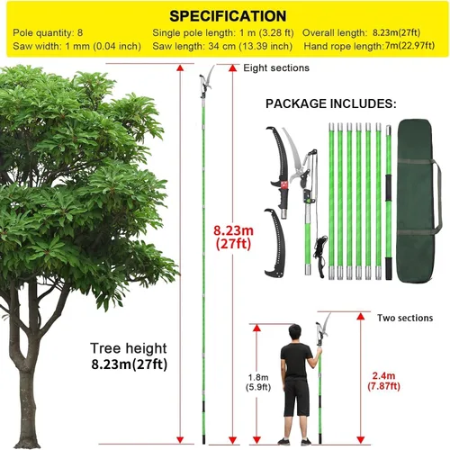 Vista 2 de Podadora de poste de árbol de 27 pies, ramas manuales, recortadora de ramas de árbol, herramientas de jardín, sierras de poste de mano, sistema