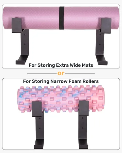 Vista 4 de Soporte para esterilla de yoga con acolchado protector de montaje en pared, estante de almacenamiento de acero, colgador de ancho ajustable de 2
