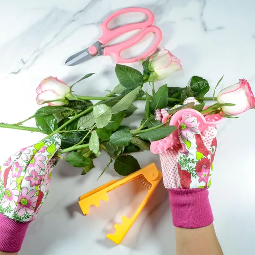 Vista 2 de 5 piezas de herramientas de espina de rosa con hojas de rosa con tijeras de podar de rosas y guantes de rosa de jardín rosa1