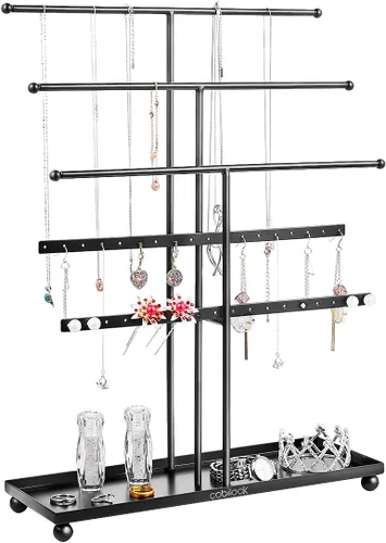 Cabilock - Soporte para joyas de 3 niveles de metal organizador de joyas colgador de pulsera torre de joyería soporte de árbol con bandeja para