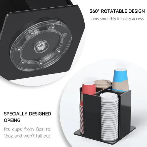 Vista 7 de KOTEMON Soporte para Tazas y Tapas, 4 Compartimentos, Cuadrado Dispensador Giratorio de Tazas de Café con Carrusel de Tapas para Restaurante, Negro