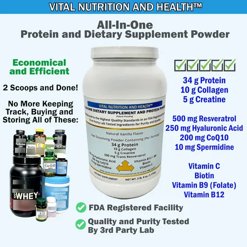 Vista 2 de Polvo todo en uno: proteínas, colágeno, creatina, resveratrol, espermidina, ácido hialurónico, CoQ10 + vitaminas clave