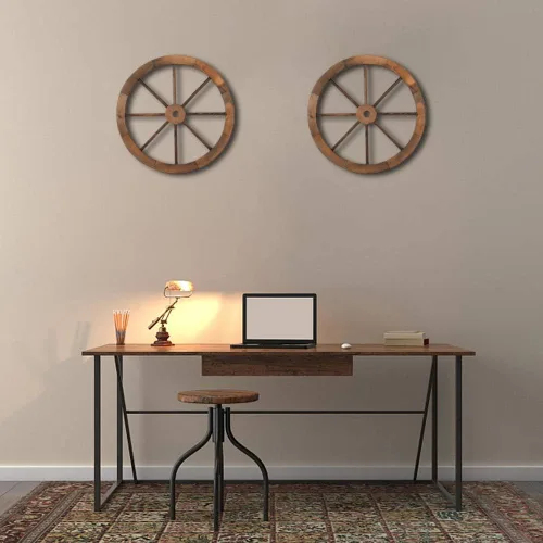 Vista 3 de Ochine 2 piezas de rueda de madera para decoración de pared, rueda de carro de madera del viejo oeste, decoración de pared, decoración de pared