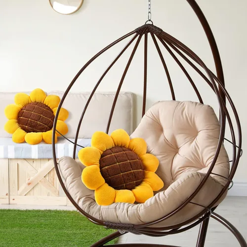 Vista 3 de Coume 2 cojines de suelo de girasol 3D con forma de girasol, cojín amarillo para silla, cojines decorativos de felpa para cama, auto, silla, sofá