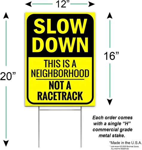 Vista 7 de Letrero de "Slow Down" de 16" x 12" - This Is a Neighborhood, Not a Racetrack - Doble cara con estaca en H para vecindarios
