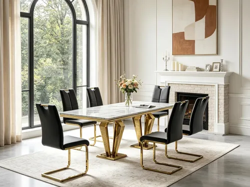 Vista 64 de 5 Piece Black Marble Dining Table Set for 4, Modern Faux Marble Kitchen Dining Room Tables with 4 Leather Chairs Set, 68.11" Luxury Rectangular