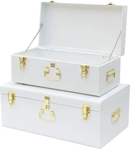 Vista 24 de Vixdonos Juego de Cajas de Almacenamiento Decorativas de Metal, Juego de 2 Baúles para Dormitorio Universitario con Asa (Verde)