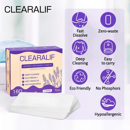 Vista 5 de CLEARALIF Hojas de detergente para ropa, lavanda, hasta 480 cargas, ideal para viajes, apartamentos, dormitorios, tiras de detergente para ropa