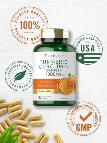 Vista 5 de Carlyle Curcumina de cúrcuma con pimienta negra de 1000 mg 180 cápsulas Suplemento de complejo de cúrcuma Sin OMG, sin gluten
