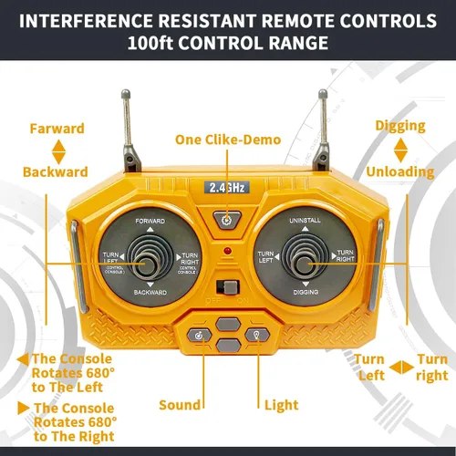 Vista 9 de ID Gerilla Excavadora a control remoto, camión de construcción RC de 11 canales, juguete con pala de metal, luces, sonidos y giros de 680 grados