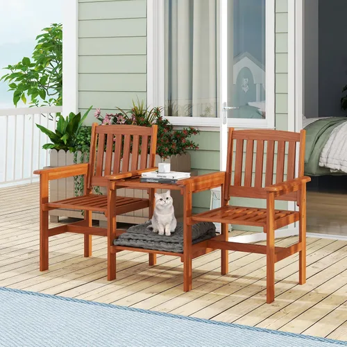 Vista 8 de RELAX4LIFE Sofá de dos plazas para exteriores con mesa integrada, sillas de patio de madera con mesa central y agujero para paraguas, banco