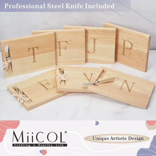 Vista 6 de Miicol Tabla de madera para charcutería, tabla de queso con monograma de 10 pulgadas, tabla de cortar inicial personalizada con esparcidor, regalo