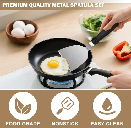 Vista 2 de Paquete de 4 espátulas de acero inoxidable para sartén de hierro fundido, mango resistente al calor, juego de espátulas y espátulas para plancha
