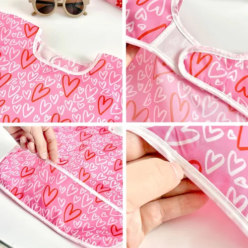 Vista 5 de PandaEar Paquete de 3 baberos impermeables de manga larga para niñas, ligeros con bolsillo para atrapar todo, baberos lavables para comer y jugar
