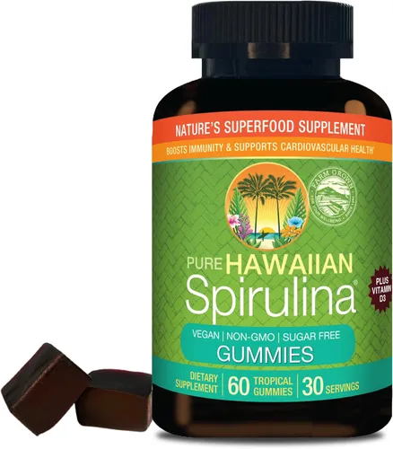 Nutrex Hawaii Gomitas de espirulina hawaiana pura, sin azúcar, superalimento vegano más vitamina D3, cultivado en granja en Kona, sin OMG, 60