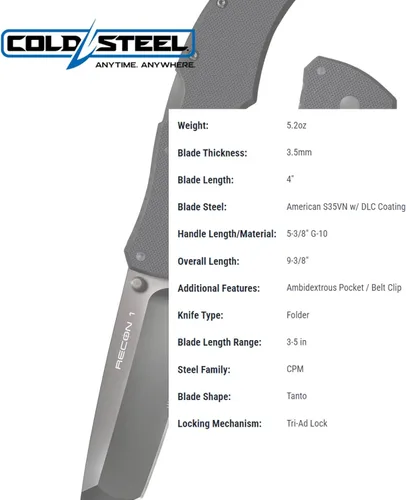 Vista 5 de COLD STEEL Recon 1 Cuchillo Plegable Táctico con Hoja S35VN Súper Afilada de 4", Mango G-10 de 5.375", Bloqueo Tri-Ad, Clip Ambidiestro