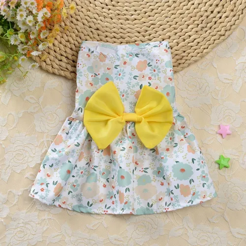 Vista 4 de Vestido sin mangas con estampado floral para mascotas con dulce lazo grande, disfraz de princesa para perro pequeño de colores vibrantes, disfraz
