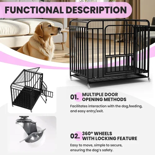 Vista 2 de Jaula resistente para perros de 42 pulgadas, acero de aleación resistente, jaula para perros antimordeduras a prueba de escape, 3 puertas, ruedas