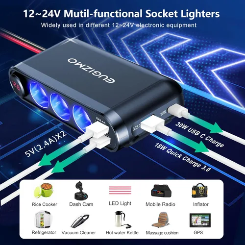 Vista 6 de EUGIZMO Divisor de enchufe para encendedor de cigarrillos de 12 V, 200 W, 3 enchufes, adaptador de encendedor de cigarrillos para automóvil, divisor