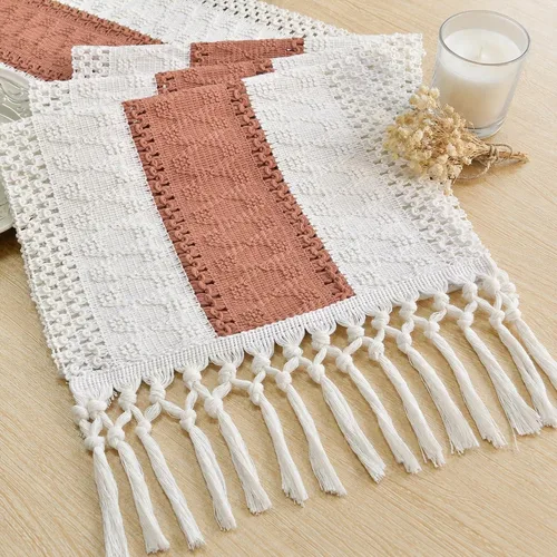 Vista 22 de FEXIA Camino de mesa bohemio para decoración del hogar, 12 x 72 pulgadas, decoración rústica de macramé Beige