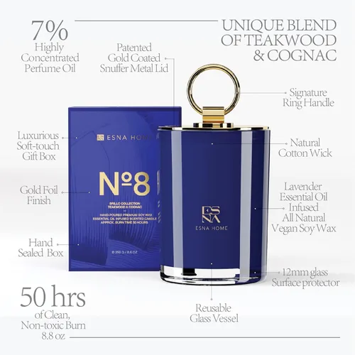 Vista 2 de ESNA HOME Vela de soja de aromaterapia de lujo, vela azul océano de 8.8 onzas, vela perfumada natural de 50 horas, lavanda, aceite esencial