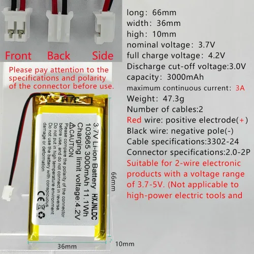 Vista 2 de DC 3.7V 3000mAh 103665 Batería de repuesto de polímero de litio recargable para productos electrónicos DIY 3.7-5V con reemplazo de batería de 2