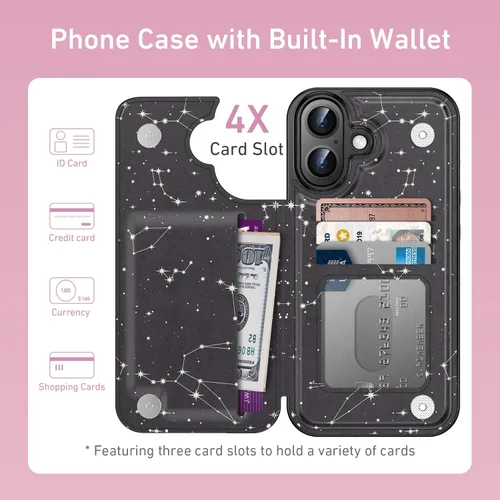 Vista 634 de LETO para iPhone 15 Pro Funda tipo cartera - Tapa tipo folio con patada - Diseños de moda - Tarjetero - Funda protectora para mujeres y niñas - 6.1