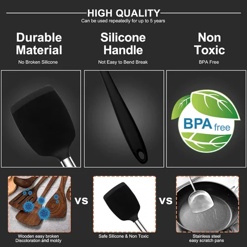 Vista 4 de 27 Pieces Silicone Cooking Utensils Set with Holder, Kitchen Utensil Sets for Nonstick Cookware, Black Kitchen Tools Spatula with Stainless Steel