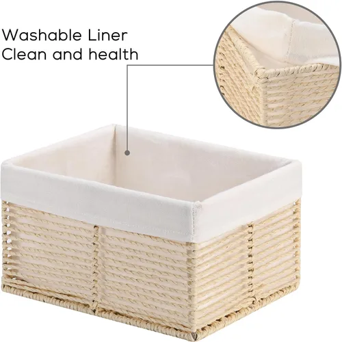 Vista 3 de Vagusicc Cesta de almacenamiento de mimbre, cesta de cuerda de papel tejida a mano, cesta rectangular pequeña para organizar, contenedor de Beige