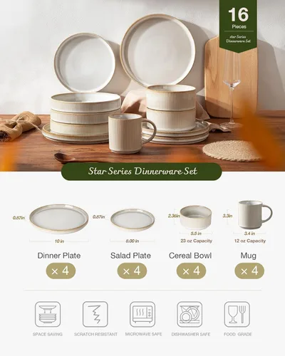 Vista 3 de Juego de vajilla Famiware Star con tazas, servicio para 4 (16 piezas), platos y cuencos de gres acanalado, resistentes a las astillas y a
